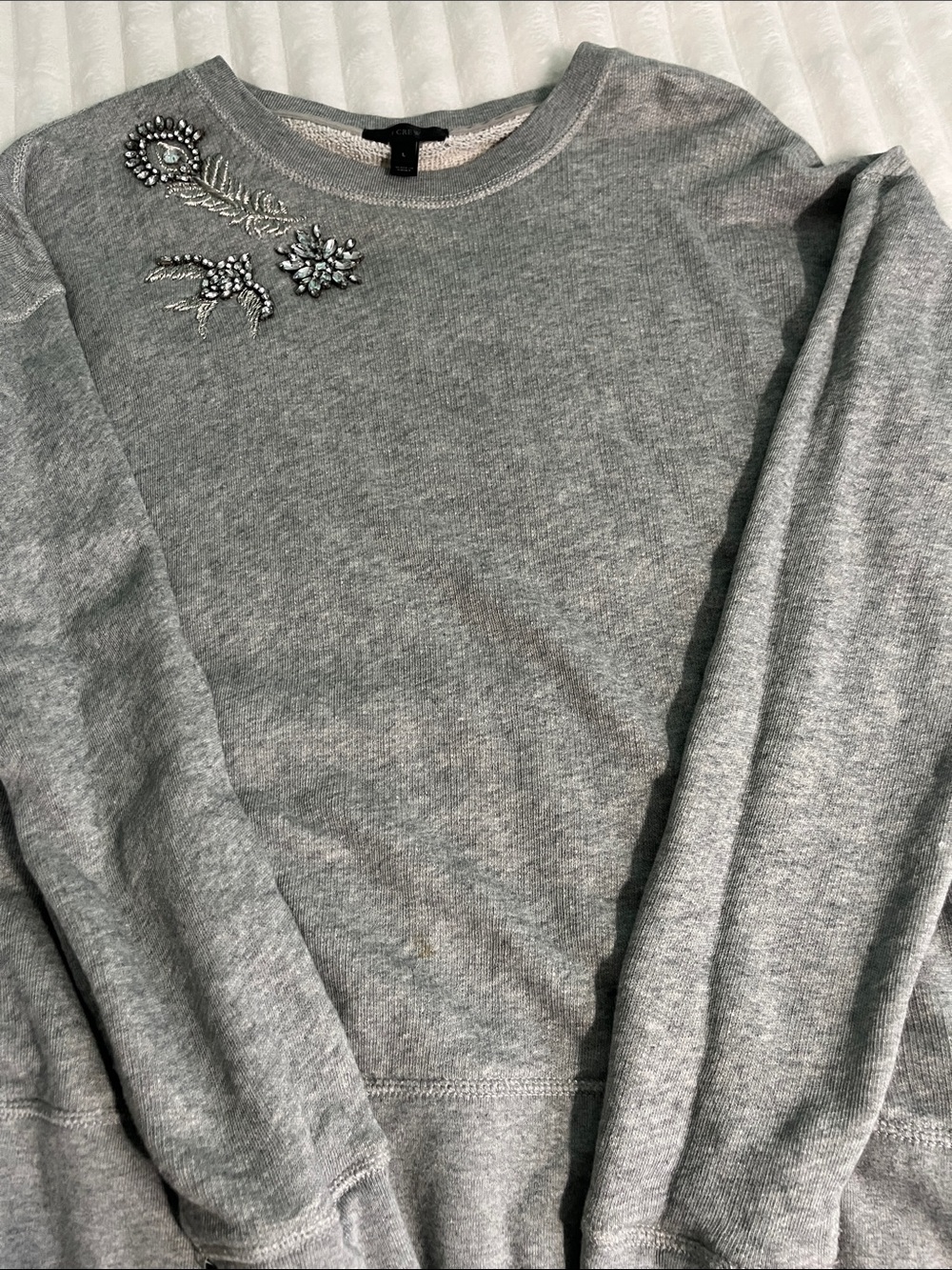 J. Crew Light Gray Crewneck Sweater with Beaded Floral Accents